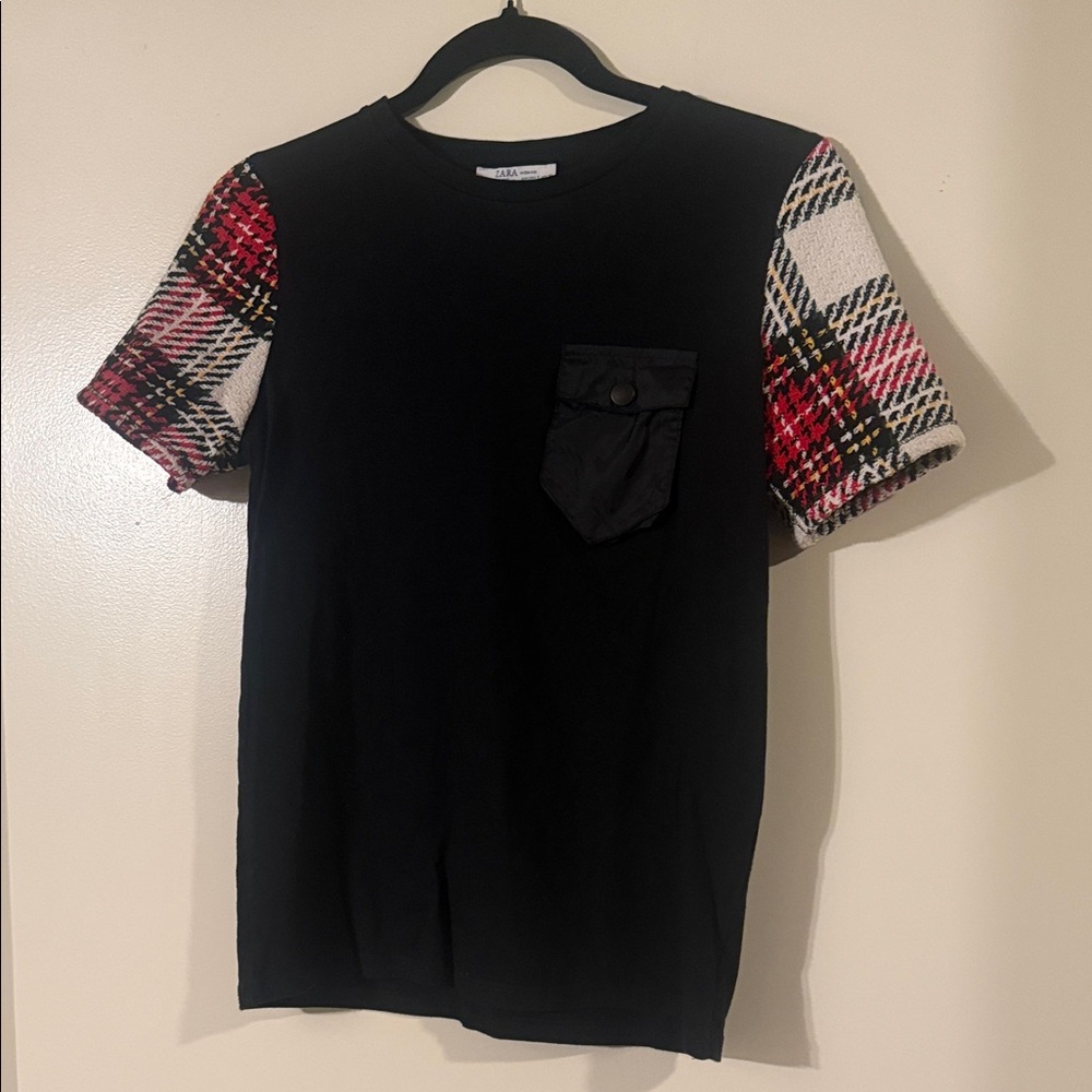 Zara Black Tee with Plaid Sleeves